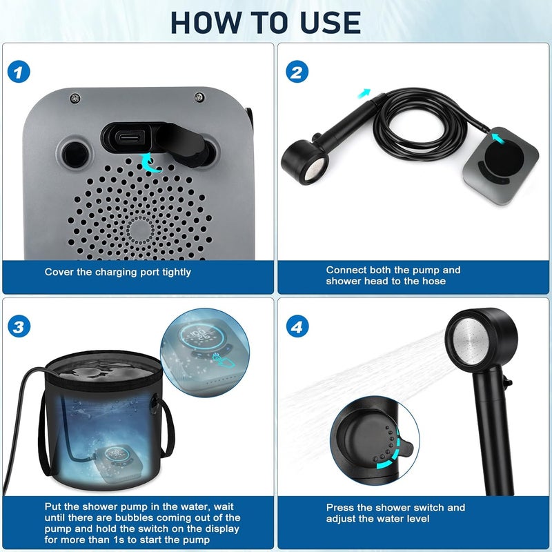 Spopal Portable Shower for Camping, [Upgraded] 8000mAh Rechargeable Camping Shower with 5 Adjustable Speeds, 4 Spray Modes, LED Display, IPX8 Waterproof Outdoor Shower Kit for Hiking, Travel, Car, Pet - Image 5
